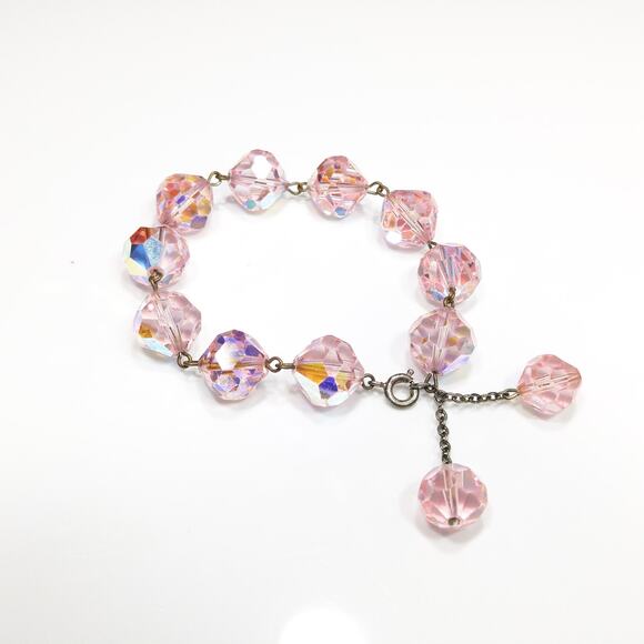 Vintage 1960s  Pink Large Beaded Crystal Dangle Bracelet - Picture 1 of 10